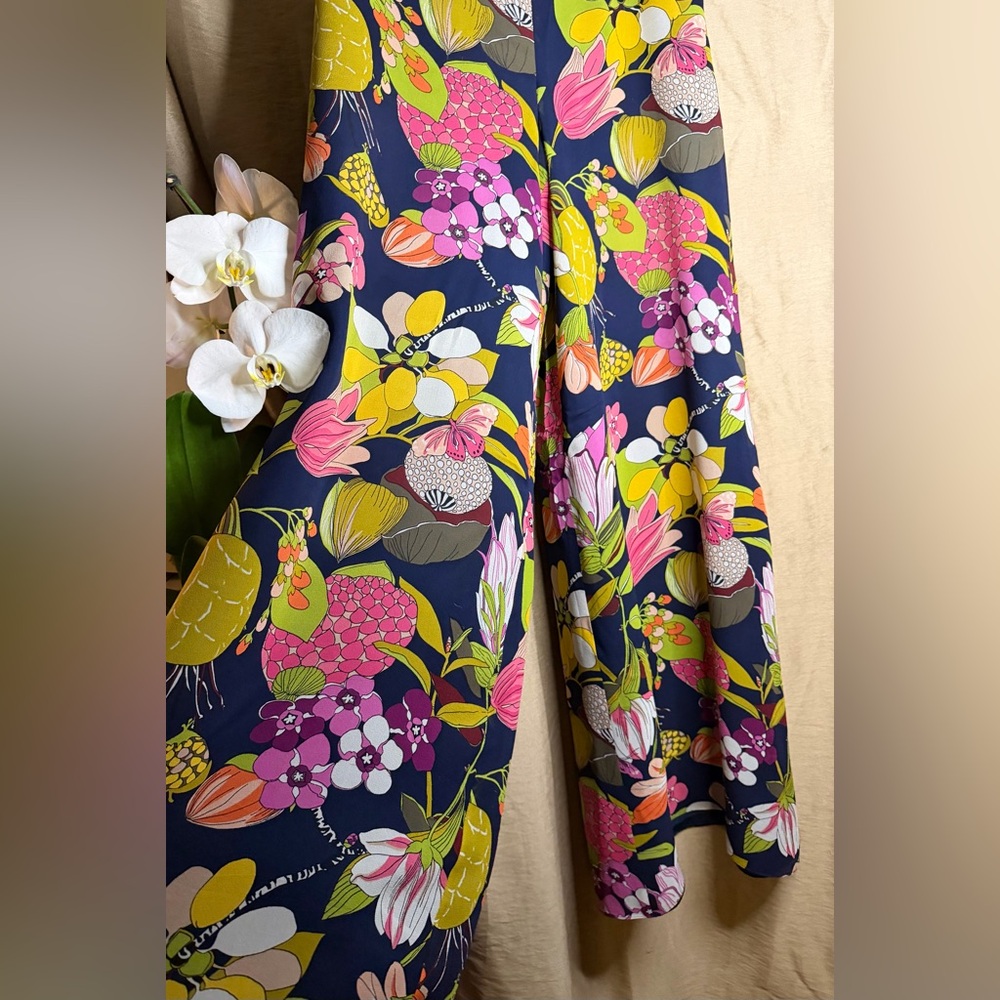 Trina Turk Silk Wide Leg Tropical Floral Pants Navy Pink Lime Multicolor Size M